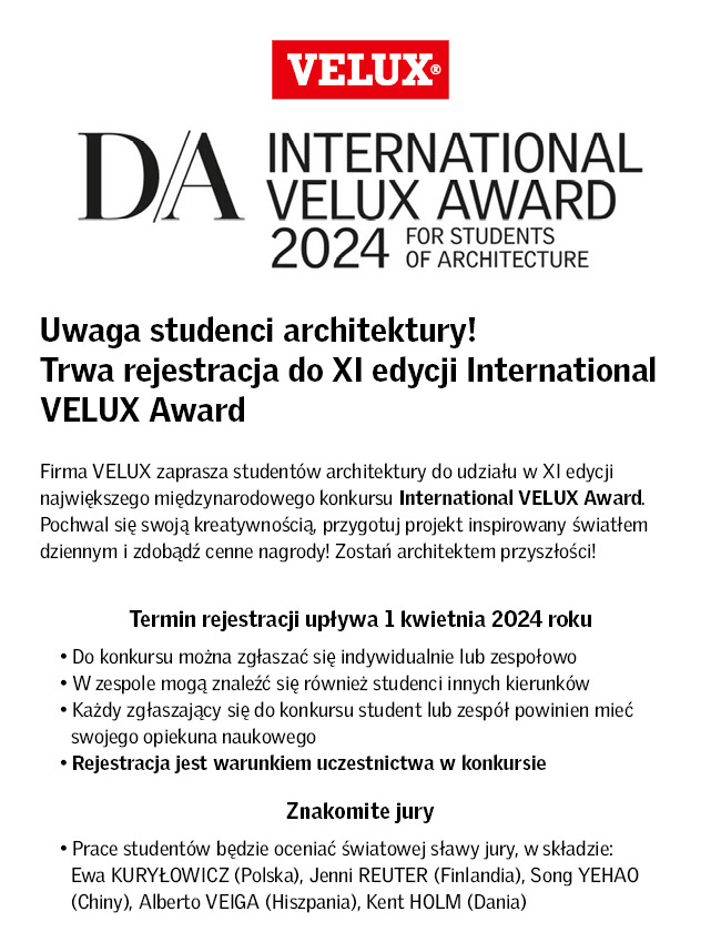 Uwaga studenci architektury! Trwa rejestracja do największego konkursu architektonicznego International VELUX Award 2024!