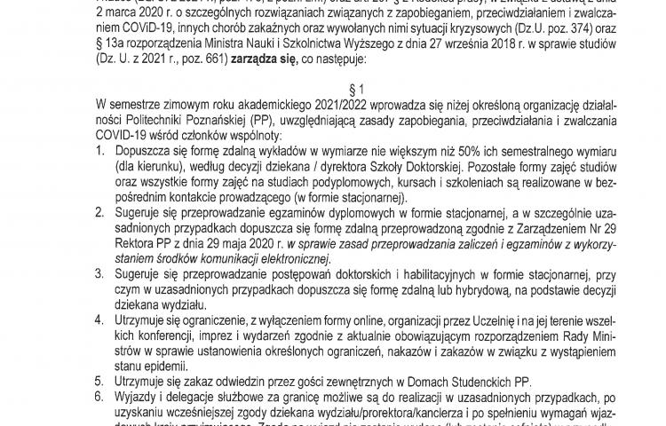 Zarządzenie Rektora w sprawie organizacji działalności Politechniki Poznańskiej w semestrze zimowym roku akademickiego 2021/22